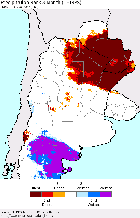 Southern South America Precipitation Rank 3-Month (CHIRPS) Thematic Map For 12/1/2021 - 2/28/2022
