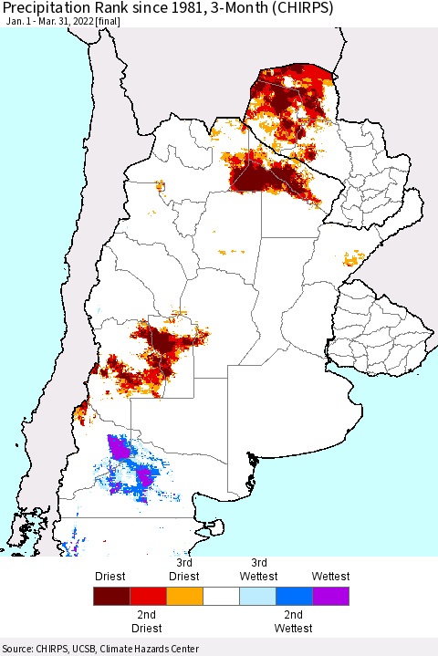 Southern South America Precipitation Rank since 1981, 3-Month (CHIRPS) Thematic Map For 1/1/2022 - 3/31/2022
