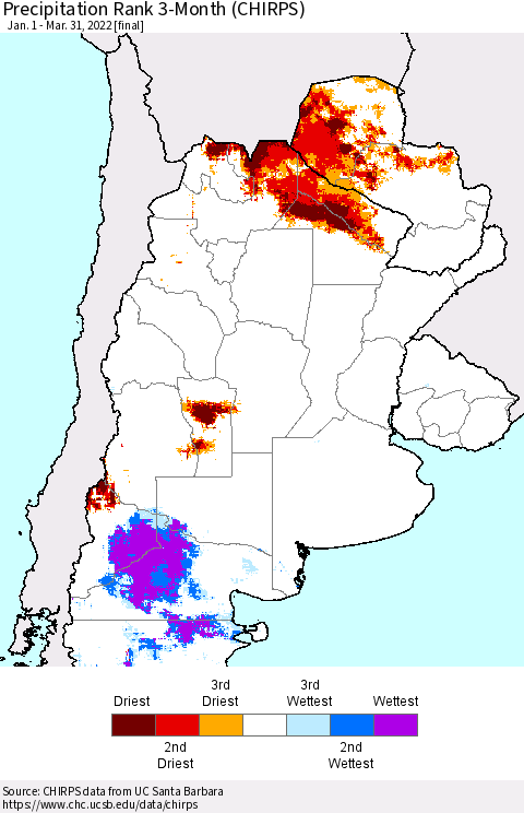 Southern South America Precipitation Rank 3-Month (CHIRPS) Thematic Map For 1/1/2022 - 3/31/2022
