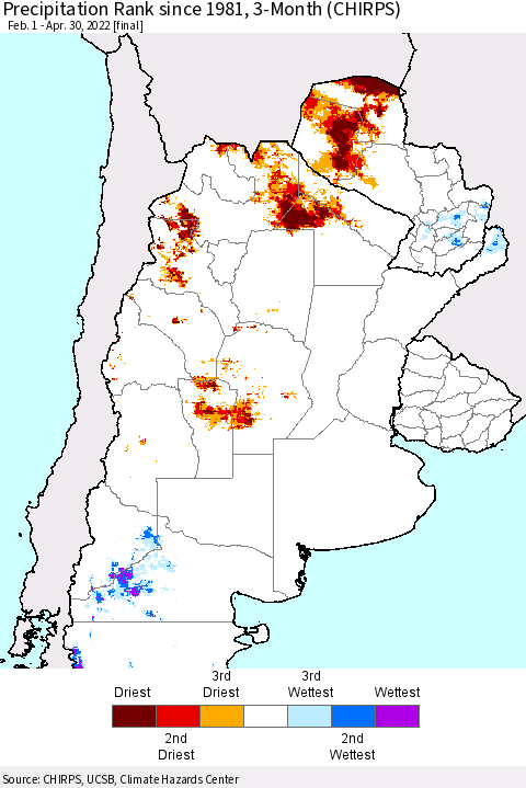 Southern South America Precipitation Rank since 1981, 3-Month (CHIRPS) Thematic Map For 2/1/2022 - 4/30/2022