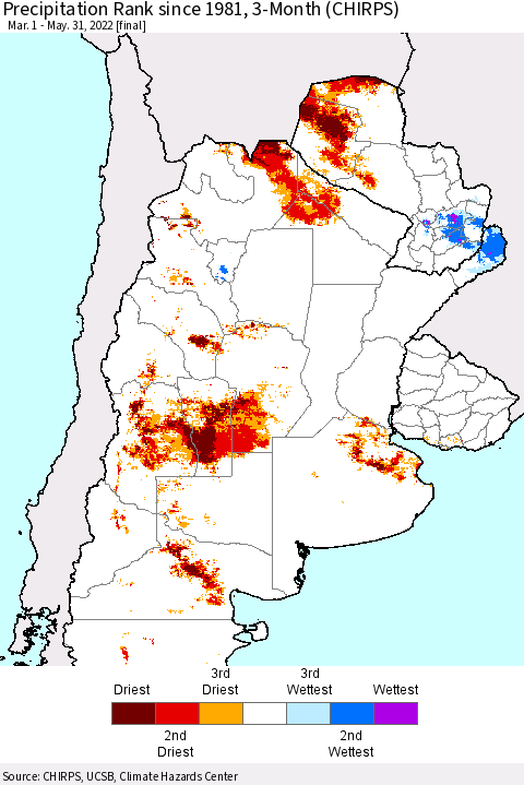 Southern South America Precipitation Rank since 1981, 3-Month (CHIRPS) Thematic Map For 3/1/2022 - 5/31/2022