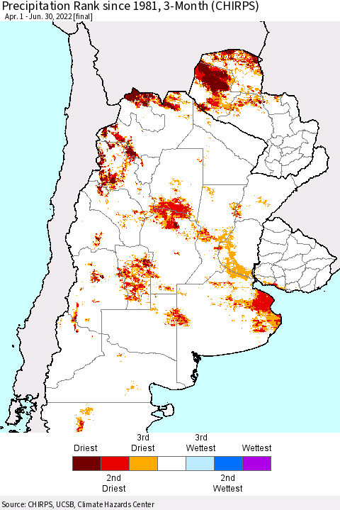 Southern South America Precipitation Rank since 1981, 3-Month (CHIRPS) Thematic Map For 4/1/2022 - 6/30/2022