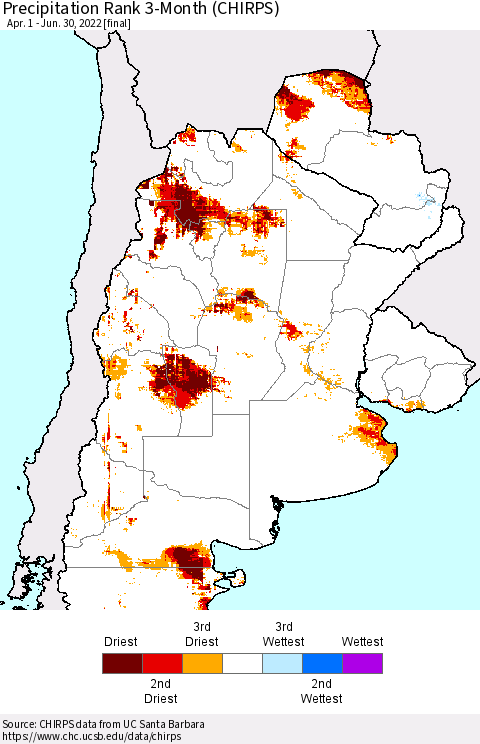 Southern South America Precipitation Rank since 1981, 3-Month (CHIRPS) Thematic Map For 4/1/2022 - 6/30/2022