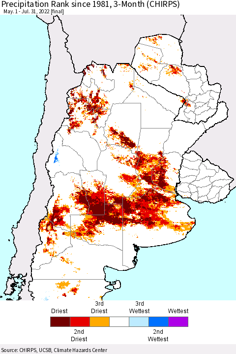 Southern South America Precipitation Rank since 1981, 3-Month (CHIRPS) Thematic Map For 5/1/2022 - 7/31/2022