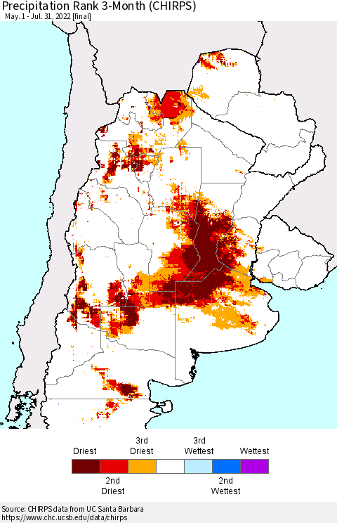 Southern South America Precipitation Rank since 1981, 3-Month (CHIRPS) Thematic Map For 5/1/2022 - 7/31/2022