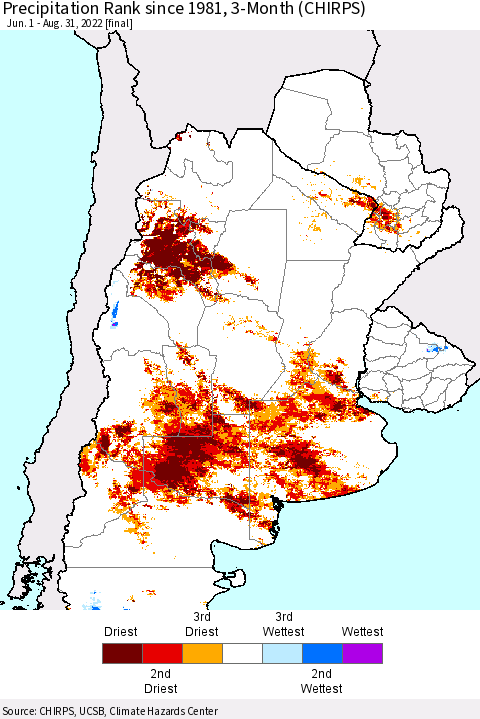 Southern South America Precipitation Rank since 1981, 3-Month (CHIRPS) Thematic Map For 6/1/2022 - 8/31/2022