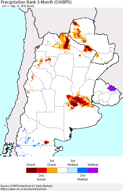 Southern South America Precipitation Rank since 1981, 3-Month (CHIRPS) Thematic Map For 6/1/2022 - 8/31/2022
