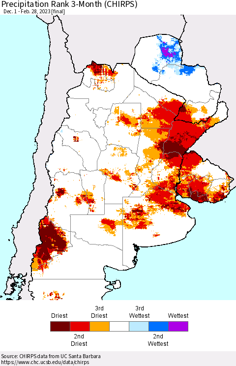 Southern South America Precipitation Rank since 1981, 3-Month (CHIRPS) Thematic Map For 12/1/2022 - 2/28/2023