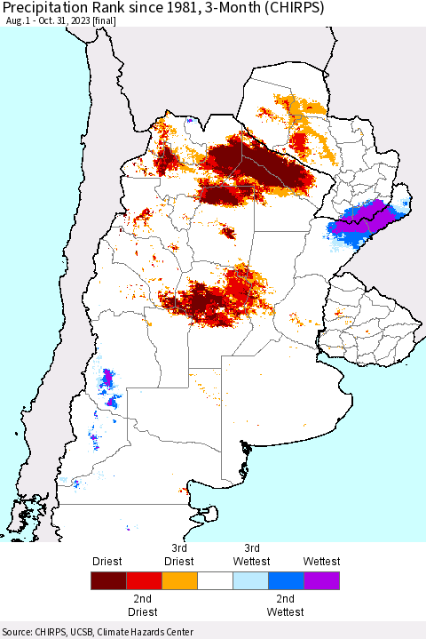Southern South America Precipitation Rank since 1981, 3-Month (CHIRPS) Thematic Map For 8/1/2023 - 10/31/2023