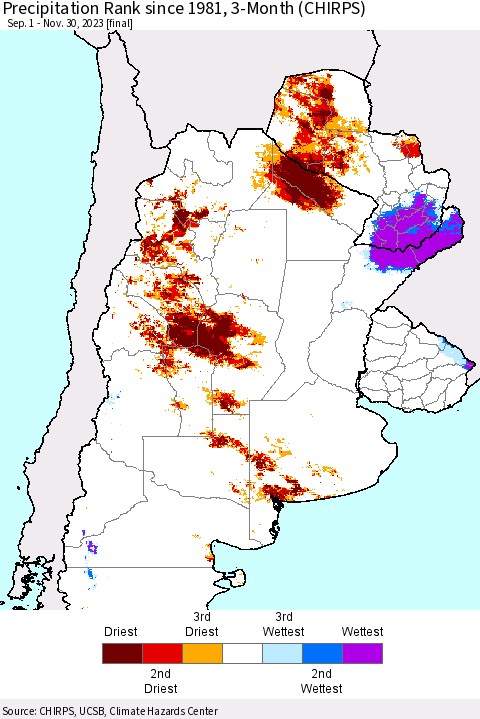 Southern South America Precipitation Rank since 1981, 3-Month (CHIRPS) Thematic Map For 9/1/2023 - 11/30/2023