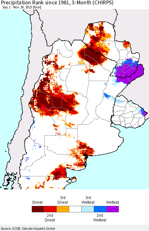 Southern South America Precipitation Rank since 1981, 3-Month (CHIRPS) Thematic Map For 9/1/2023 - 11/30/2023