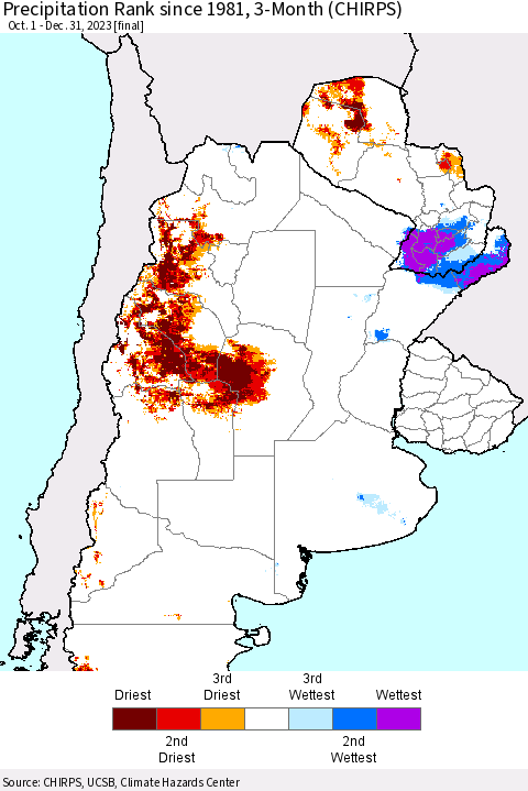 Southern South America Precipitation Rank since 1981, 3-Month (CHIRPS) Thematic Map For 10/1/2023 - 12/31/2023
