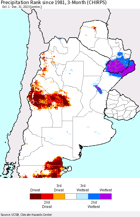 Southern South America Precipitation Rank since 1981, 3-Month (CHIRPS) Thematic Map For 10/1/2023 - 12/31/2023