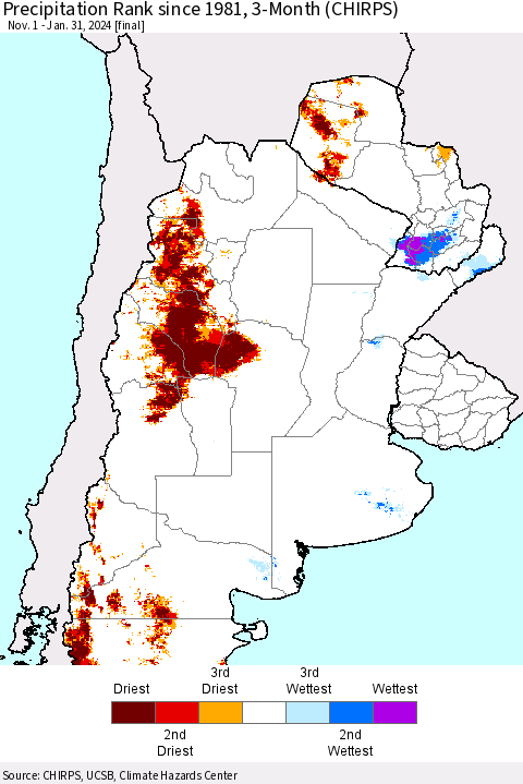 Southern South America Precipitation Rank since 1981, 3-Month (CHIRPS) Thematic Map For 11/1/2023 - 1/31/2024