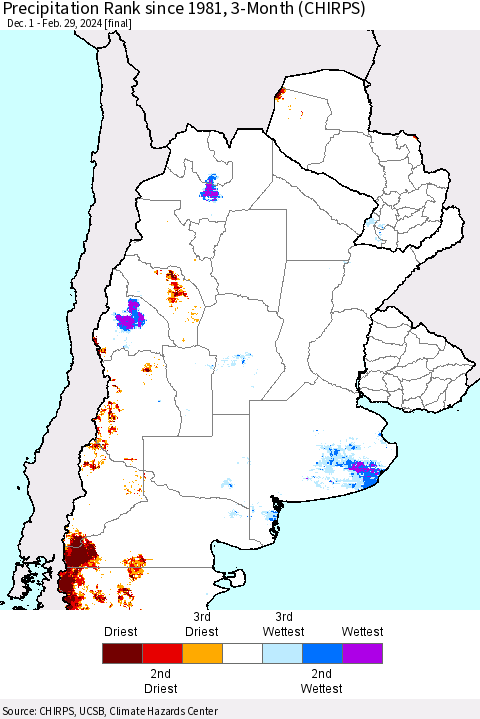 Southern South America Precipitation Rank since 1981, 3-Month (CHIRPS) Thematic Map For 12/1/2023 - 2/29/2024