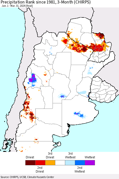 Southern South America Precipitation Rank since 1981, 3-Month (CHIRPS) Thematic Map For 1/1/2024 - 3/31/2024