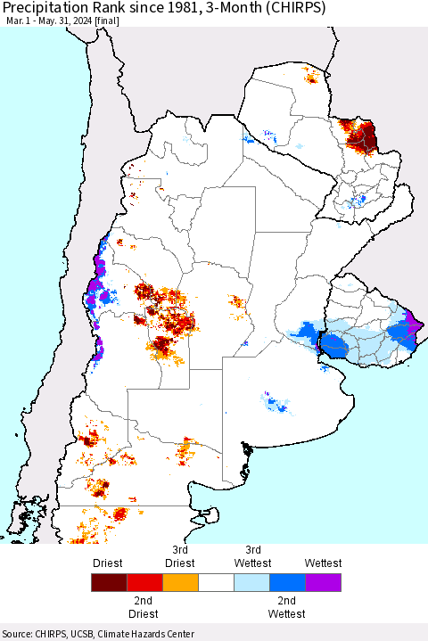 Southern South America Precipitation Rank since 1981, 3-Month (CHIRPS) Thematic Map For 3/1/2024 - 5/31/2024