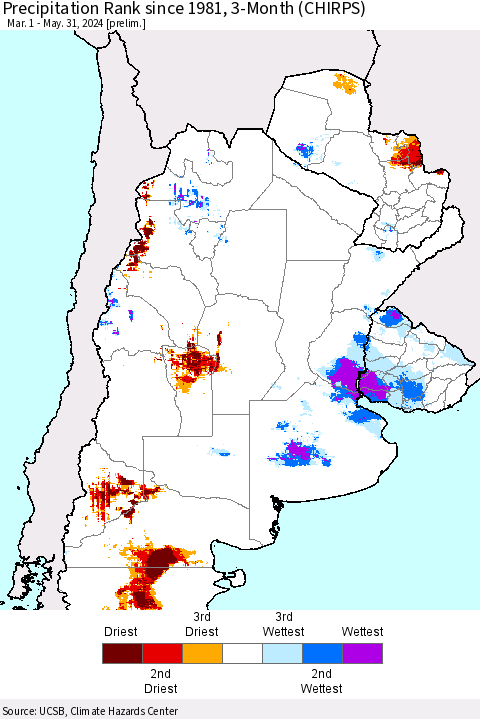 Southern South America Precipitation Rank since 1981, 3-Month (CHIRPS) Thematic Map For 3/1/2024 - 5/31/2024
