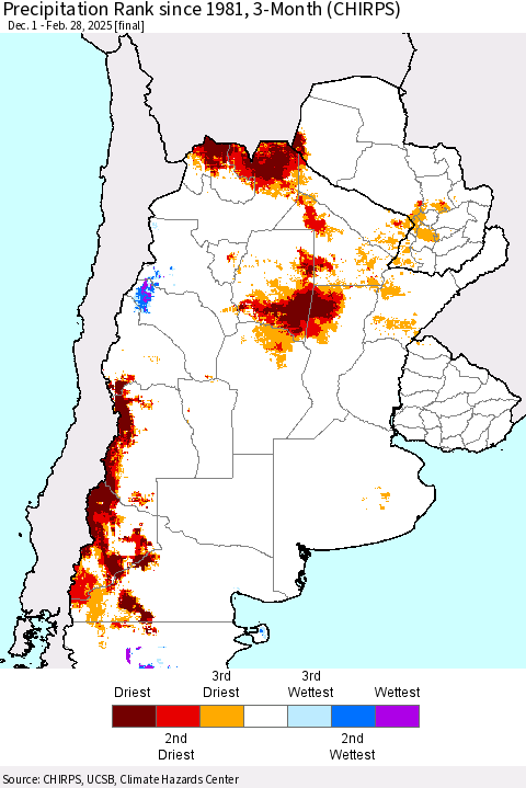 Southern South America Precipitation Rank since 1981, 3-Month (CHIRPS) Thematic Map For 12/1/2024 - 2/28/2025
