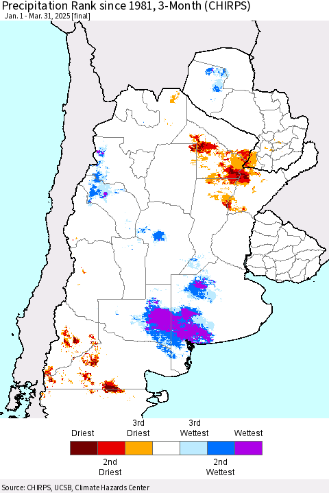 Southern South America Precipitation Rank since 1981, 3-Month (CHIRPS) Thematic Map For 1/1/2025 - 3/31/2025