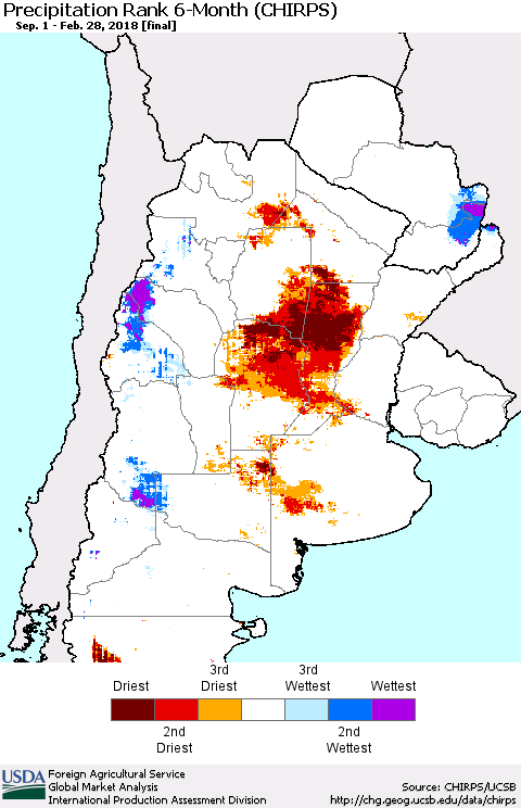 Southern South America Precipitation Rank since 1981, 6-Month (CHIRPS) Thematic Map For 9/1/2017 - 2/28/2018