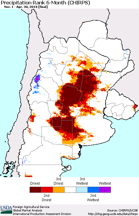 Southern South America Precipitation Rank since 1981, 6-Month (CHIRPS) Thematic Map For 11/1/2017 - 4/30/2018