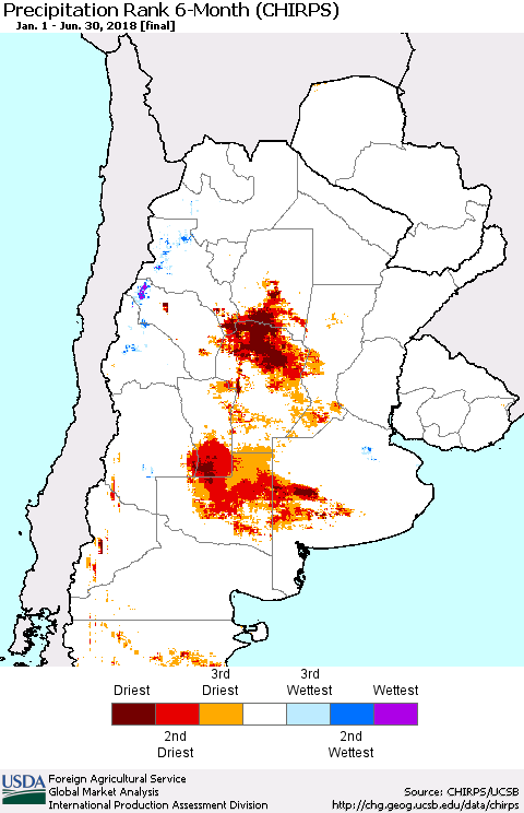 Southern South America Precipitation Rank since 1981, 6-Month (CHIRPS) Thematic Map For 1/1/2018 - 6/30/2018