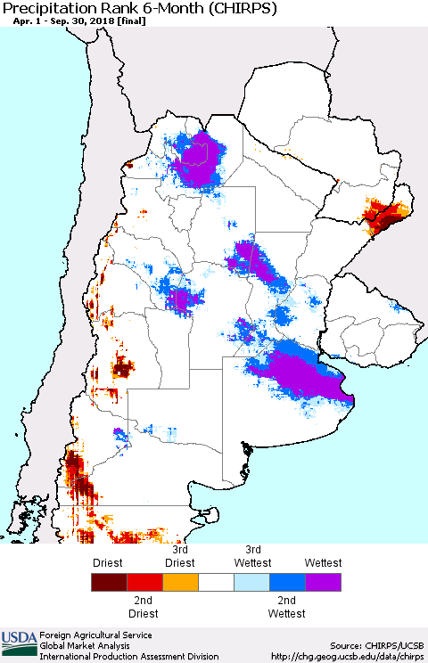 Southern South America Precipitation Rank since 1981, 6-Month (CHIRPS) Thematic Map For 4/1/2018 - 9/30/2018