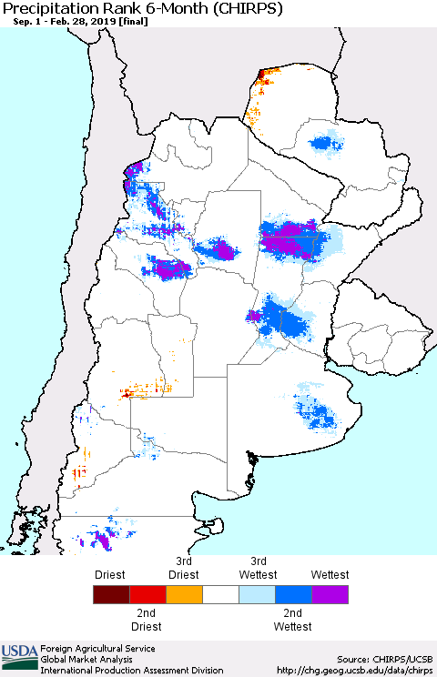 Southern South America Precipitation Rank since 1981, 6-Month (CHIRPS) Thematic Map For 9/1/2018 - 2/28/2019