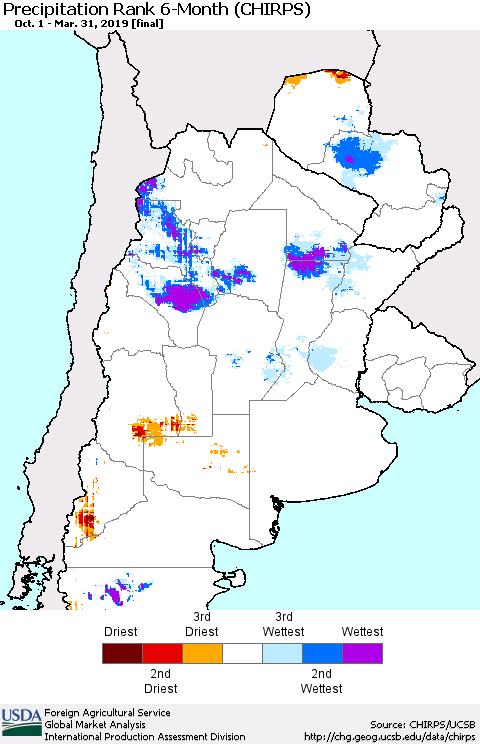 Southern South America Precipitation Rank since 1981, 6-Month (CHIRPS) Thematic Map For 10/1/2018 - 3/31/2019