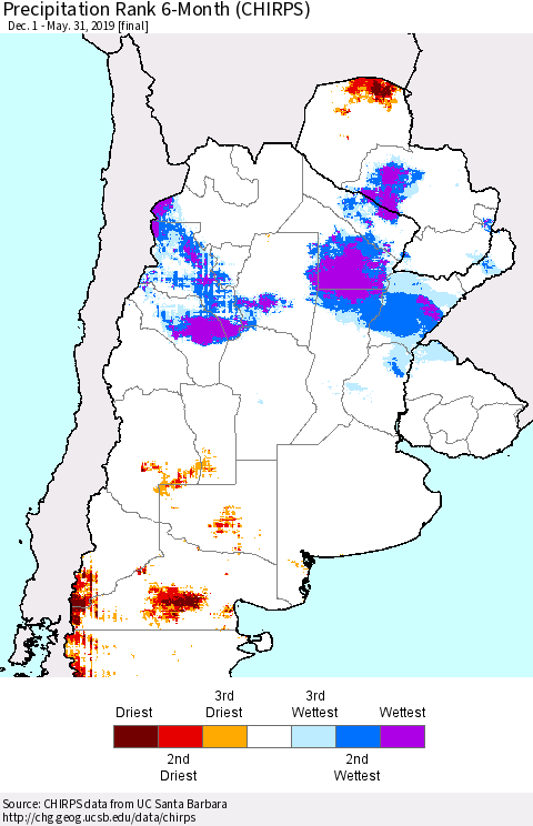 Southern South America Precipitation Rank since 1981, 6-Month (CHIRPS) Thematic Map For 12/1/2018 - 5/31/2019