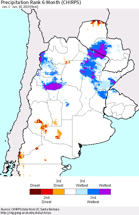 Southern South America Precipitation Rank since 1981, 6-Month (CHIRPS) Thematic Map For 1/1/2019 - 6/30/2019