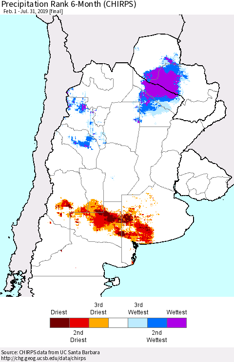 Southern South America Precipitation Rank since 1981, 6-Month (CHIRPS) Thematic Map For 2/1/2019 - 7/31/2019