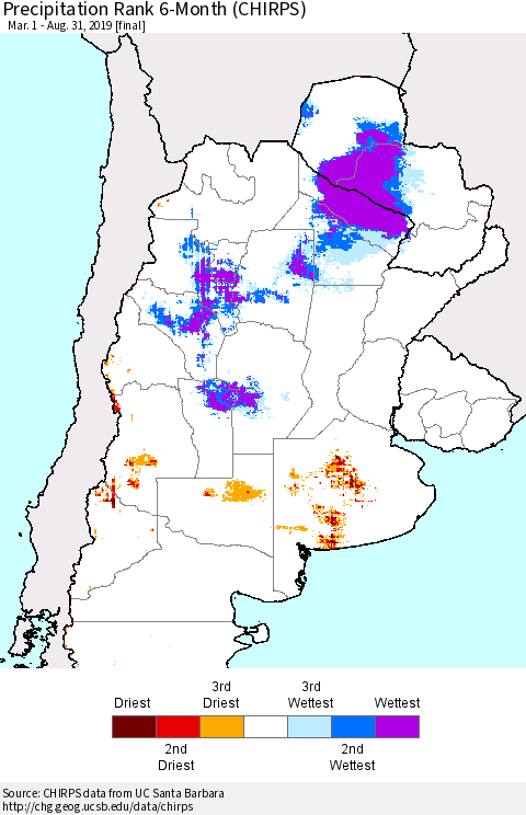 Southern South America Precipitation Rank since 1981, 6-Month (CHIRPS) Thematic Map For 3/1/2019 - 8/31/2019