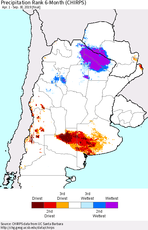 Southern South America Precipitation Rank since 1981, 6-Month (CHIRPS) Thematic Map For 4/1/2019 - 9/30/2019