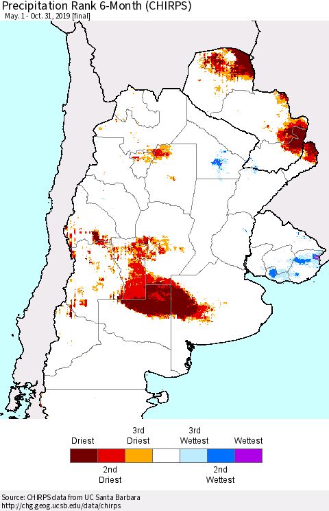 Southern South America Precipitation Rank since 1981, 6-Month (CHIRPS) Thematic Map For 5/1/2019 - 10/31/2019