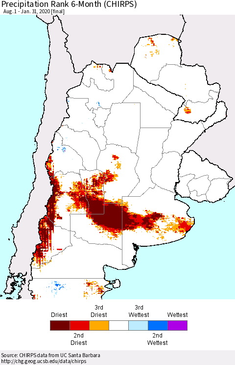 Southern South America Precipitation Rank since 1981, 6-Month (CHIRPS) Thematic Map For 8/1/2019 - 1/31/2020