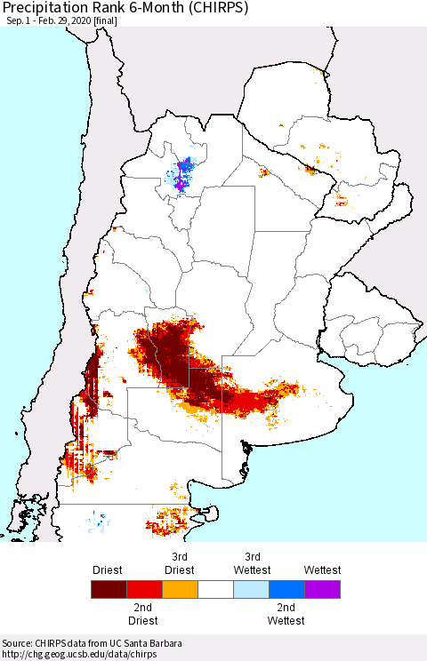 Southern South America Precipitation Rank since 1981, 6-Month (CHIRPS) Thematic Map For 9/1/2019 - 2/29/2020