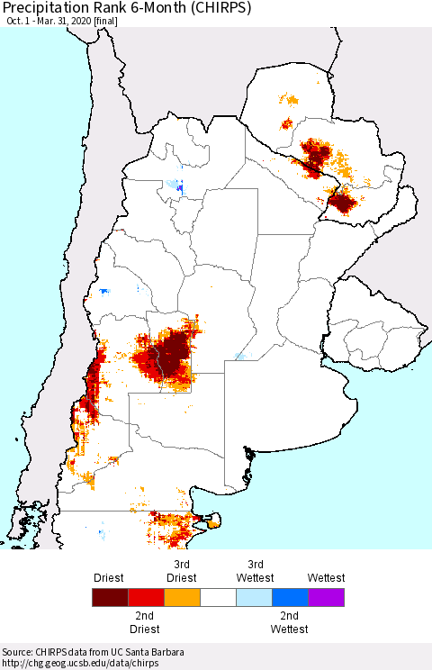 Southern South America Precipitation Rank since 1981, 6-Month (CHIRPS) Thematic Map For 10/1/2019 - 3/31/2020