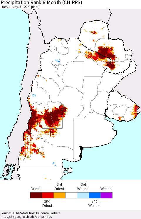 Southern South America Precipitation Rank since 1981, 6-Month (CHIRPS) Thematic Map For 12/1/2019 - 5/31/2020