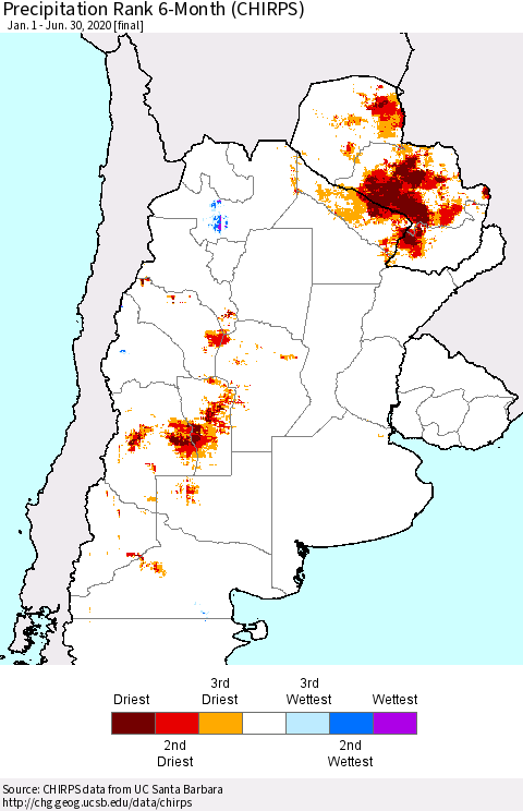 Southern South America Precipitation Rank since 1981, 6-Month (CHIRPS) Thematic Map For 1/1/2020 - 6/30/2020
