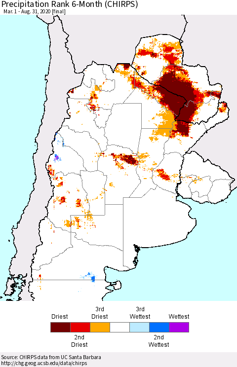 Southern South America Precipitation Rank since 1981, 6-Month (CHIRPS) Thematic Map For 3/1/2020 - 8/31/2020