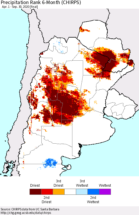 Southern South America Precipitation Rank since 1981, 6-Month (CHIRPS) Thematic Map For 4/1/2020 - 9/30/2020