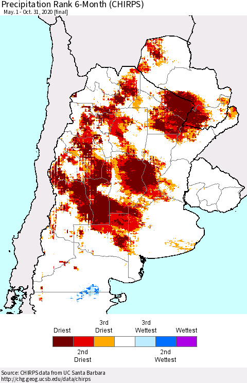Southern South America Precipitation Rank since 1981, 6-Month (CHIRPS) Thematic Map For 5/1/2020 - 10/31/2020