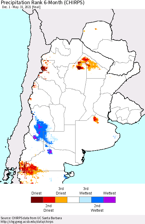 Southern South America Precipitation Rank 6-Month (CHIRPS) Thematic Map For 12/1/2020 - 5/31/2021