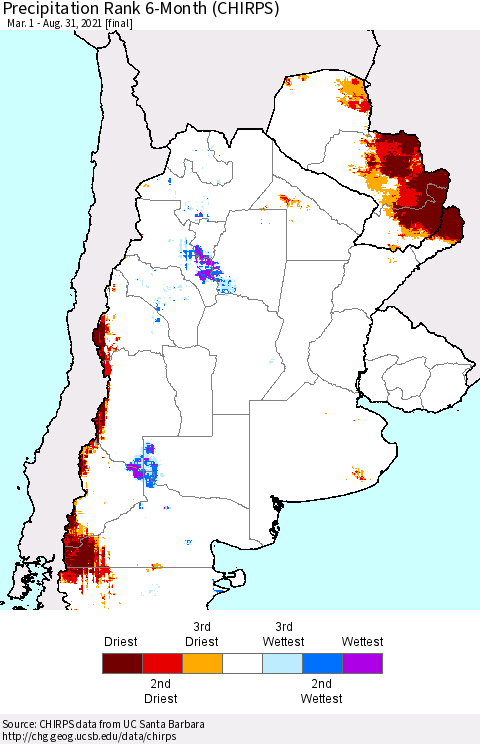 Southern South America Precipitation Rank 6-Month (CHIRPS) Thematic Map For 3/1/2021 - 8/31/2021