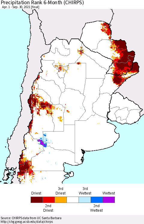 Southern South America Precipitation Rank 6-Month (CHIRPS) Thematic Map For 4/1/2021 - 9/30/2021
