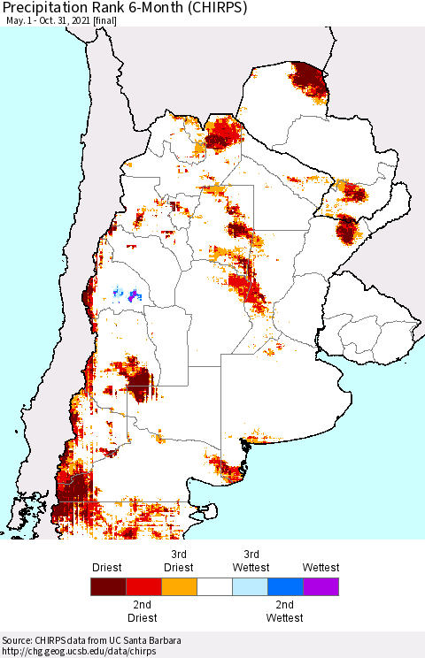 Southern South America Precipitation Rank 6-Month (CHIRPS) Thematic Map For 5/1/2021 - 10/31/2021