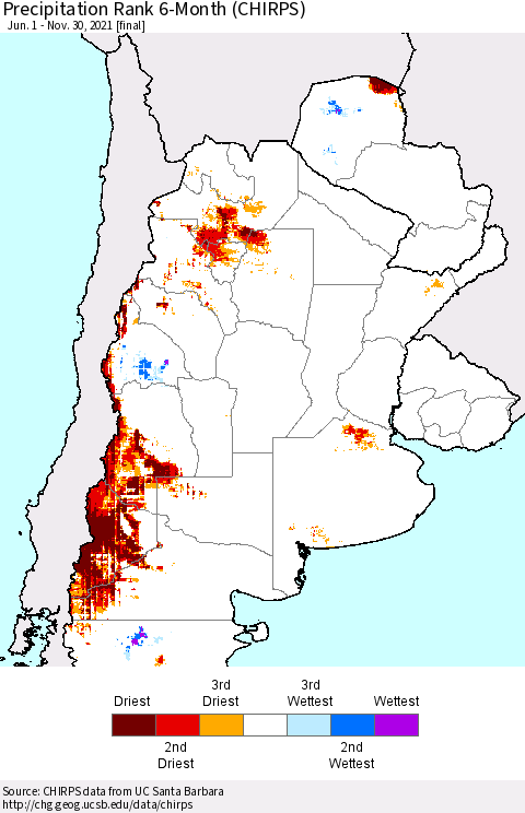Southern South America Precipitation Rank 6-Month (CHIRPS) Thematic Map For 6/1/2021 - 11/30/2021