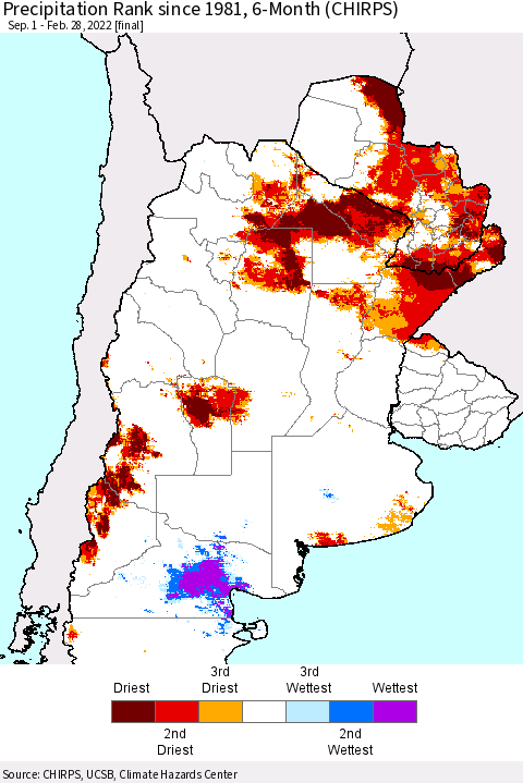 Southern South America Precipitation Rank since 1981, 6-Month (CHIRPS) Thematic Map For 9/1/2021 - 2/28/2022